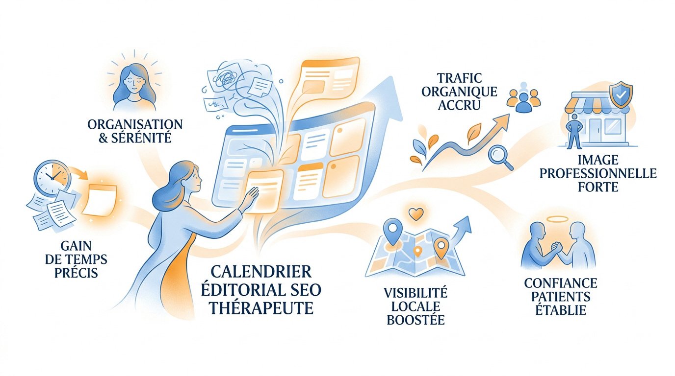 Schéma des bénéfices d'un calendrier éditorial SEO pour thérapeute