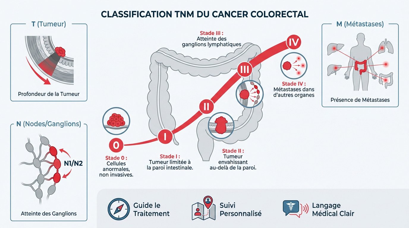 Schéma explicatif de la classification TNM pour le cancer colorectal